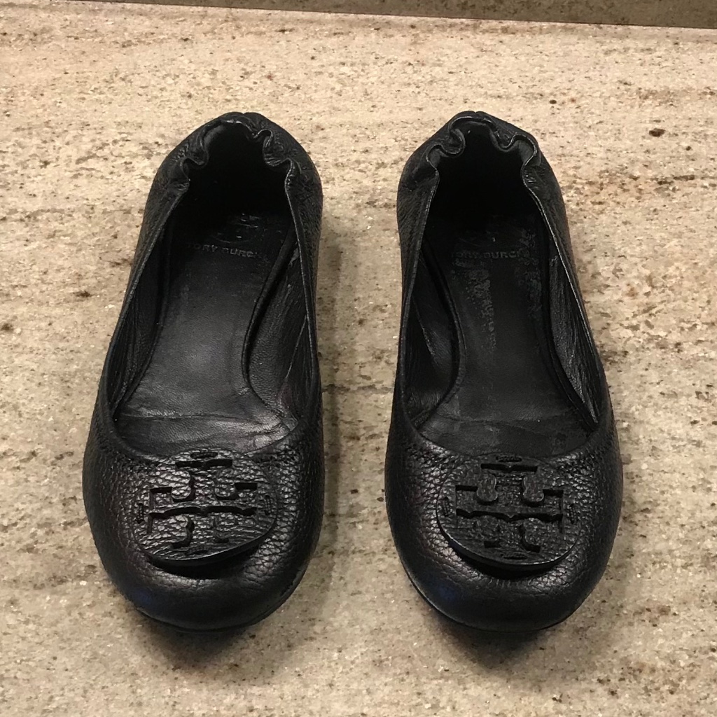 Like New Tory Burch Black Pebbled Leather Minnie Ballet Flats